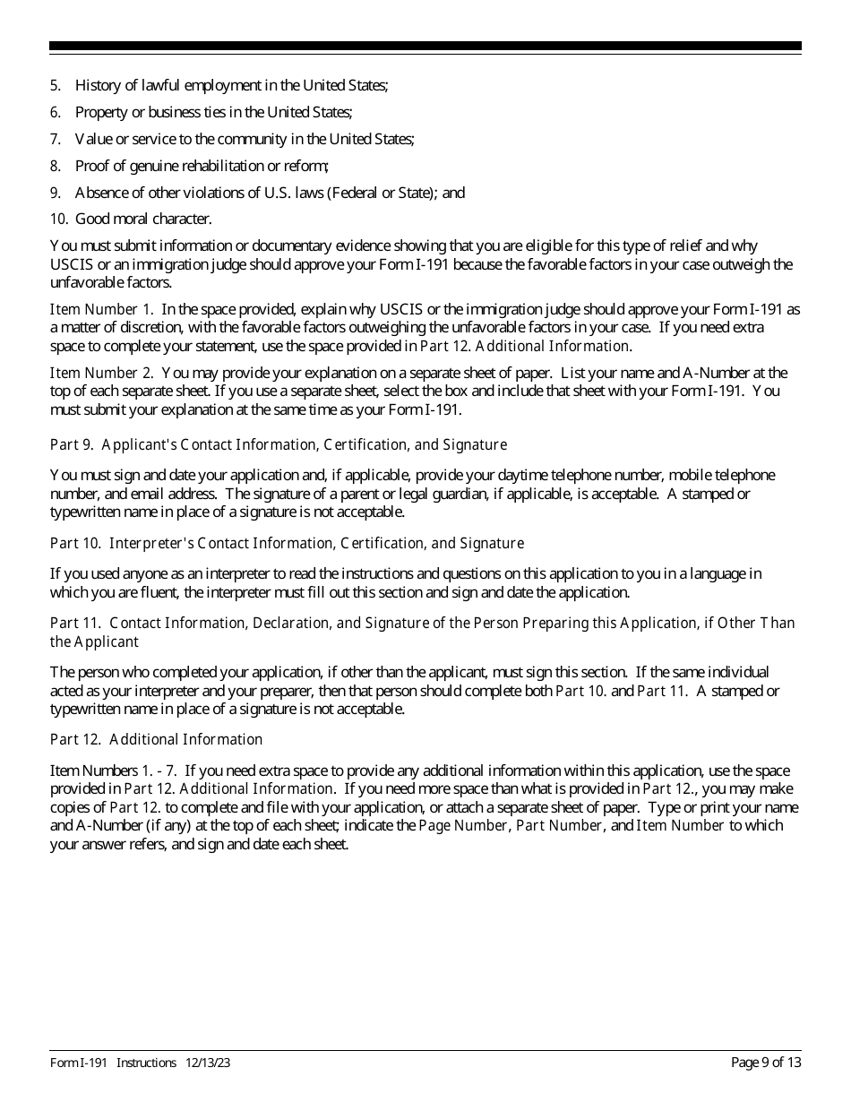 Instructions for USCIS Form I-191 Application for Relief Under Former Section 212(C) of the Immigration and Nationality Act (Ina), Page 9
