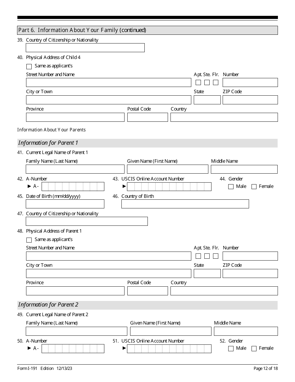 USCIS Form I-191 Download Fillable PDF or Fill Online Application for ...