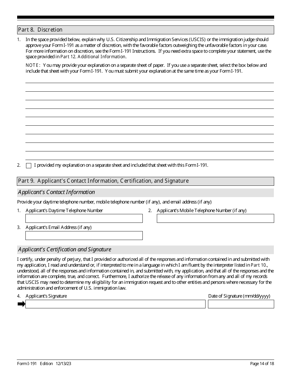 USCIS Form I-191 Application for Relief Under Former Section 212(C) of the Immigration and Nationality Act (Ina), Page 14