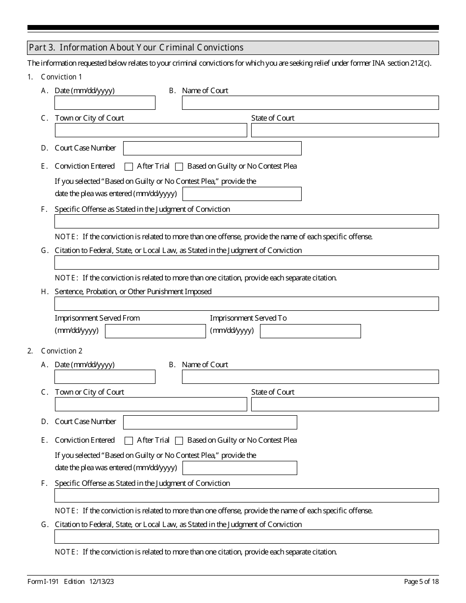 USCIS Form I-191 Application for Relief Under Former Section 212(C) of the Immigration and Nationality Act (Ina), Page 5