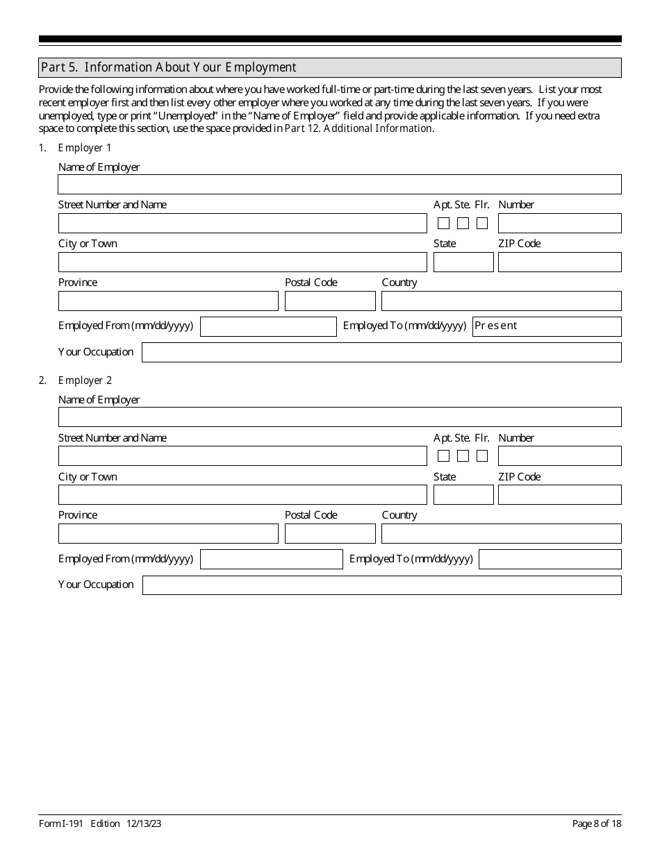 USCIS Form I-191 Application for Relief Under Former Section 212(C) of the Immigration and Nationality Act (Ina), Page 8