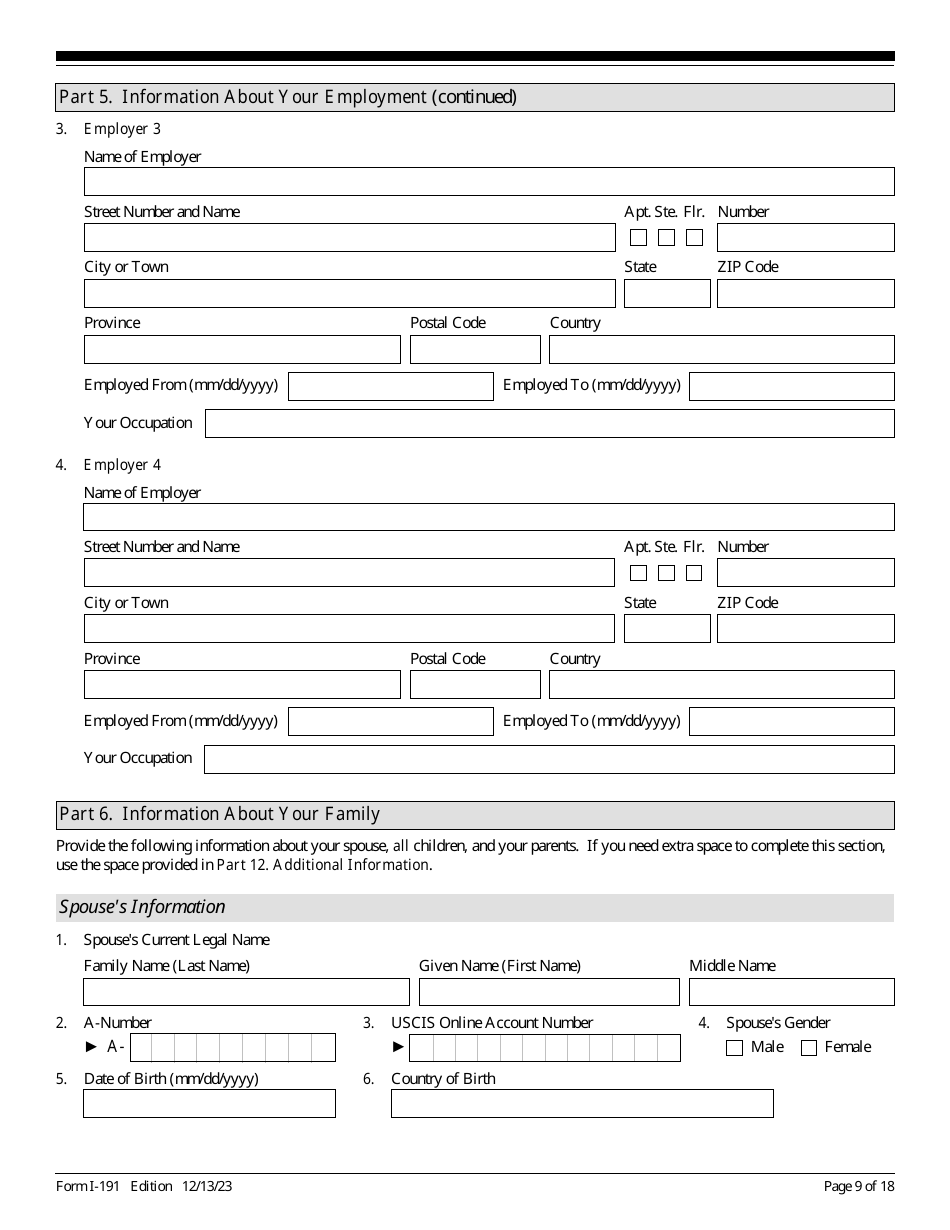 USCIS Form I-191 Application for Relief Under Former Section 212(C) of the Immigration and Nationality Act (Ina), Page 9