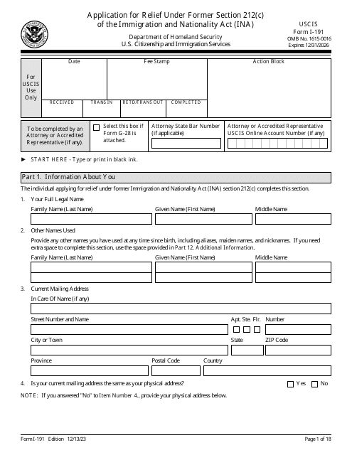 USCIS Form I-191 Application for Relief Under Former Section 212(C) of the Immigration and Nationality Act (Ina)