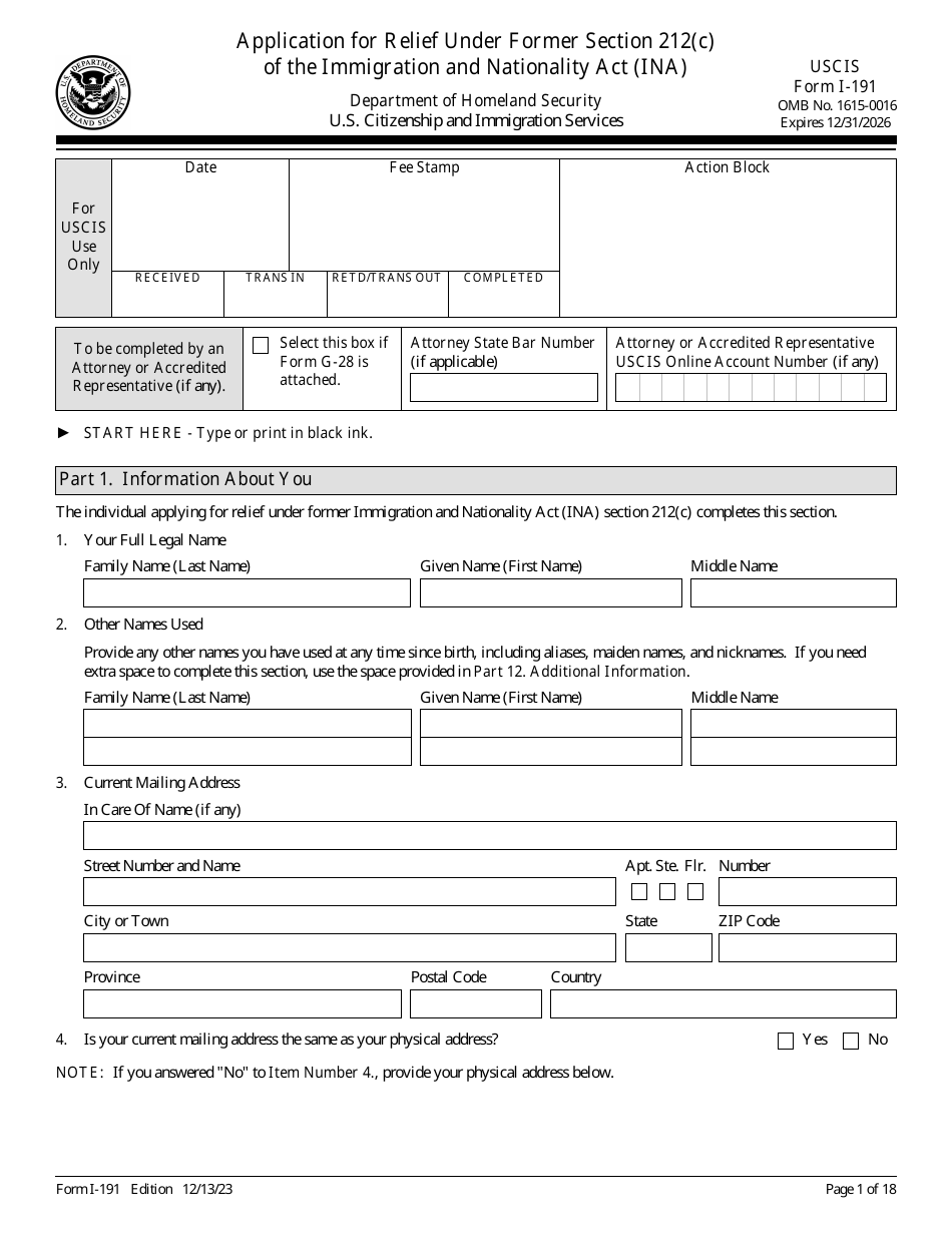 USCIS Form I-191 Download Fillable PDF or Fill Online Application for ...