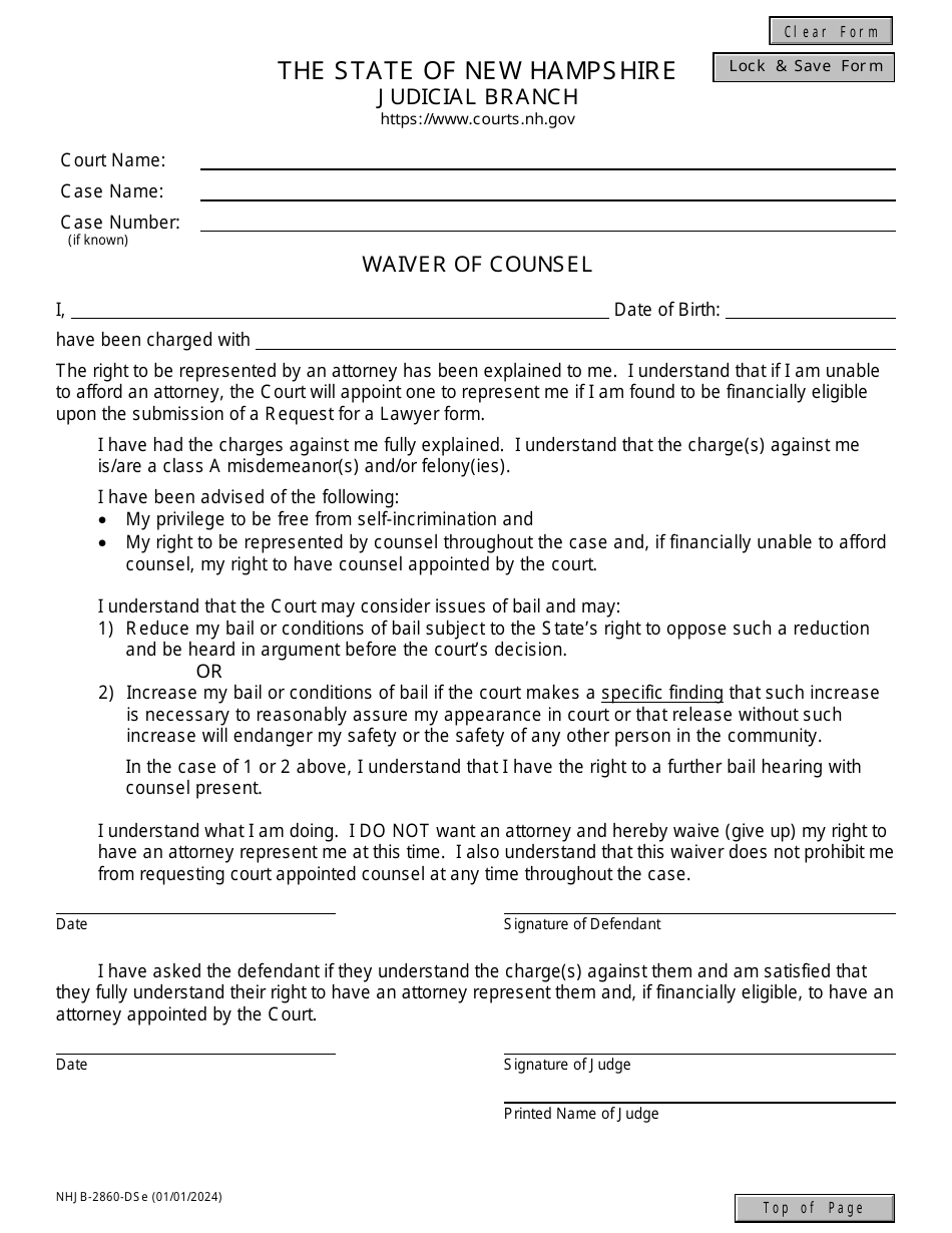 Form NHJB-2860-DSE Waiver of Counsel - New Hampshire, Page 1