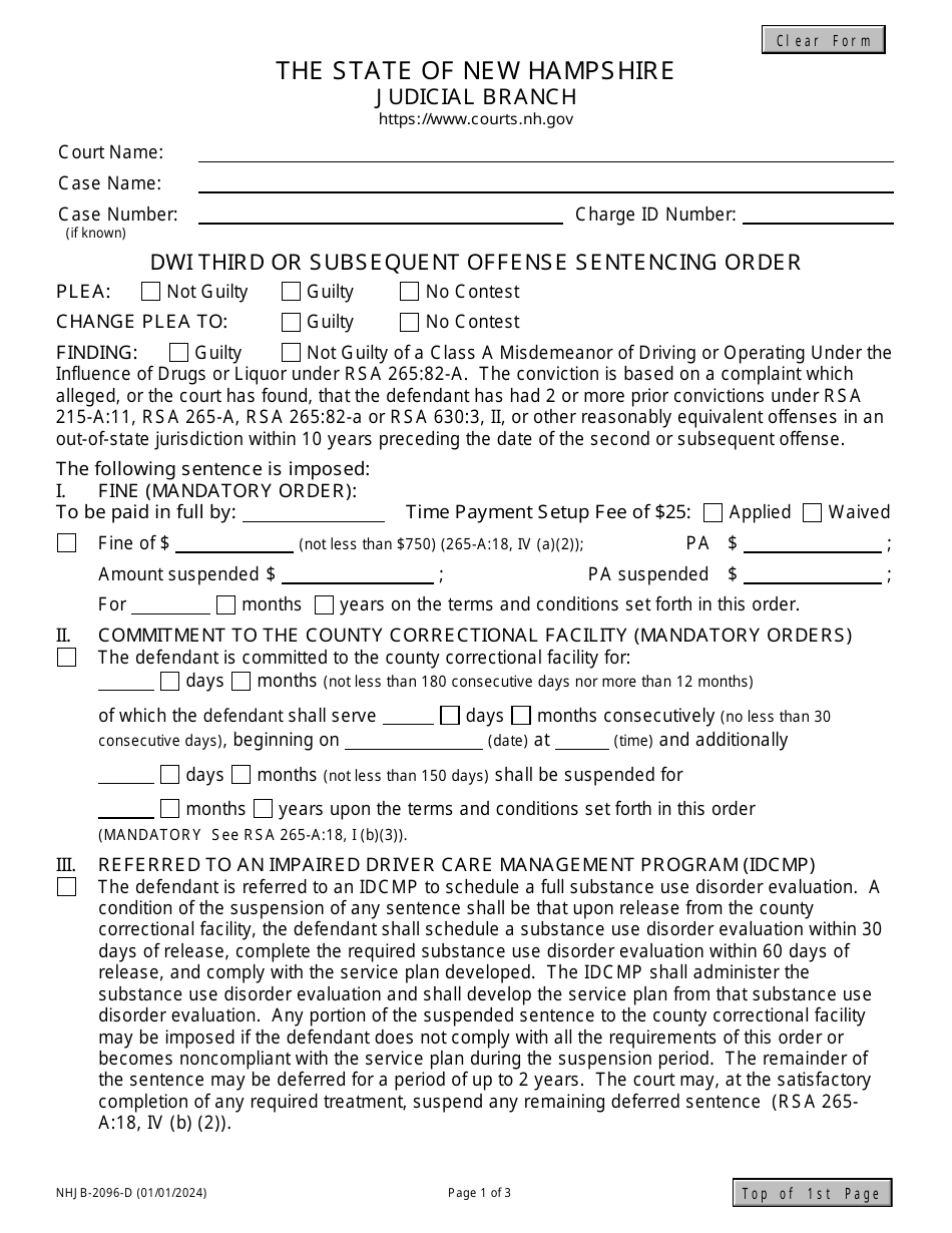 Form NHJB-2096-D Dwi Third or Subsequent Offense Sentencing Order - New Hampshire, Page 1