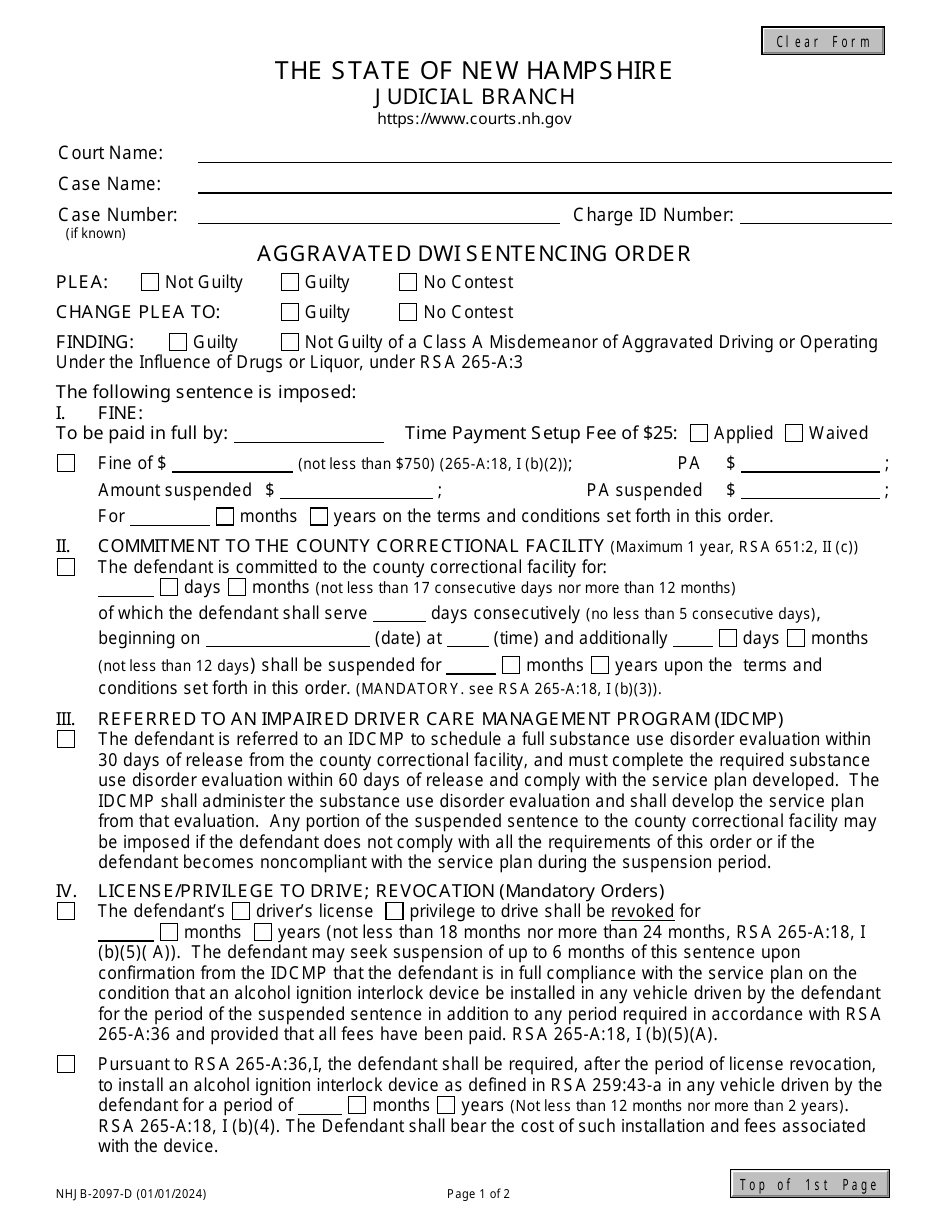 Form NHJB-2097-D Aggravated Dwi Sentencing Order - New Hampshire, Page 1