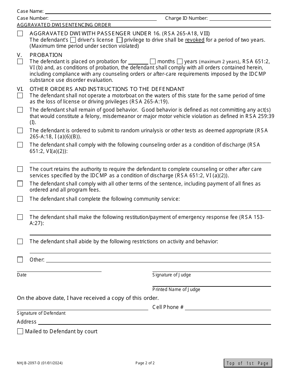 Form NHJB-2097-D Aggravated Dwi Sentencing Order - New Hampshire, Page 2