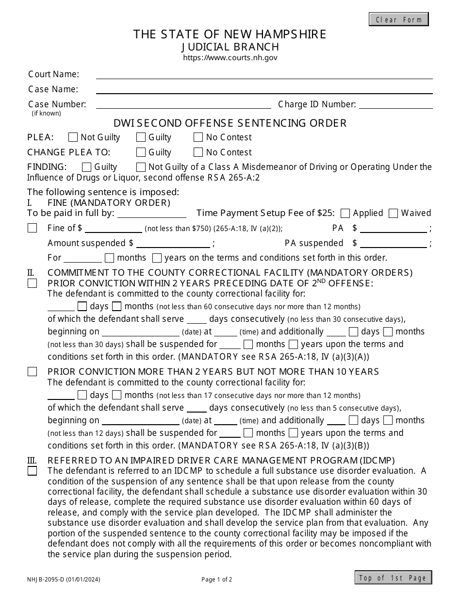 Form NHJB-2095-D Dwi Second Offense Sentencing Order - New Hampshire, Page 1