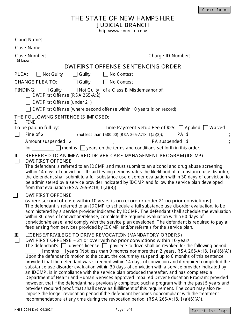 Form NHJB-2094-D Dwi First Offense Sentencing Order - New Hampshire, Page 1
