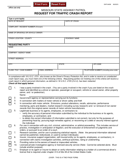 Form SHP-842 Request for Traffic Crash Report - Missouri