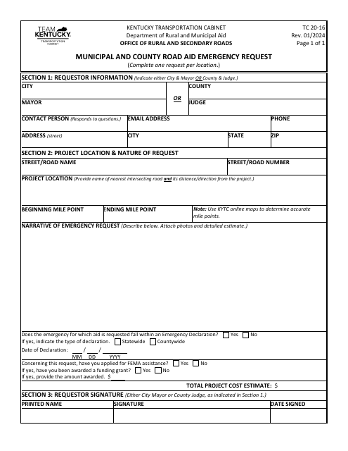 Form TC20-16 Municipal and County Road Aid Emergency Request - Kentucky