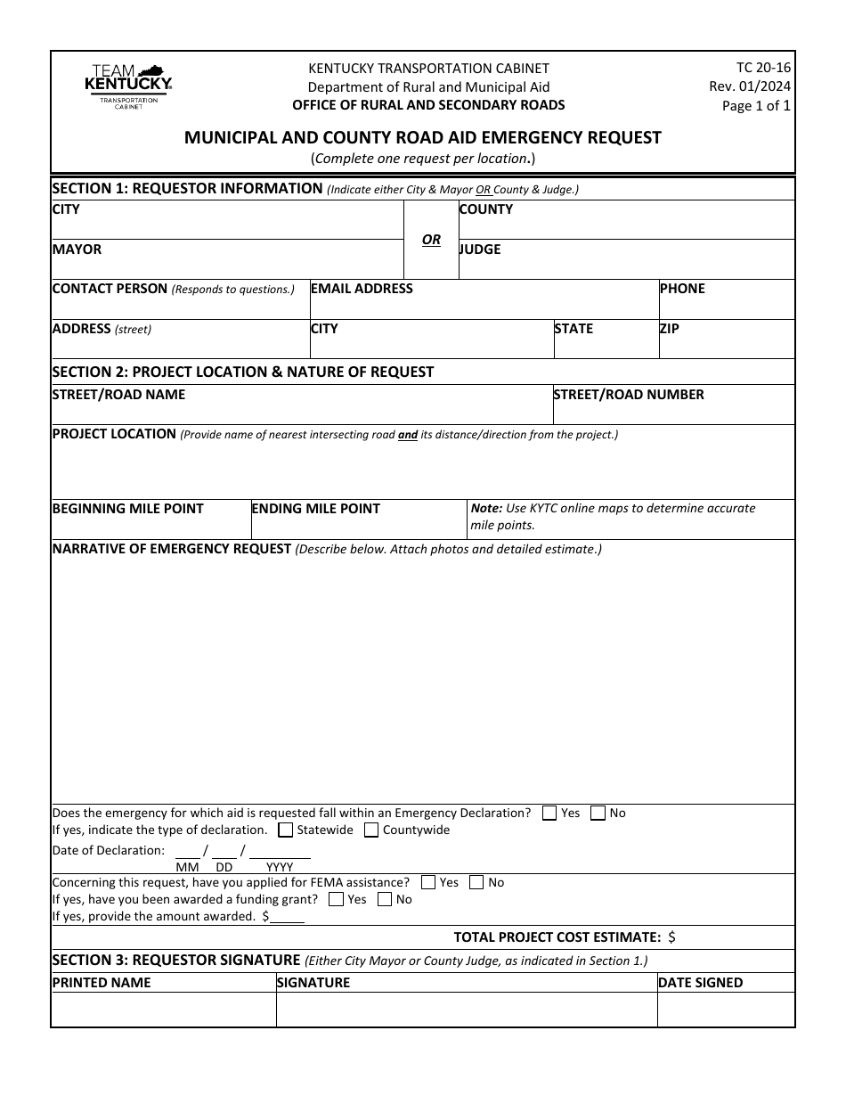 Form TC20-16 Municipal and County Road Aid Emergency Request - Kentucky, Page 1