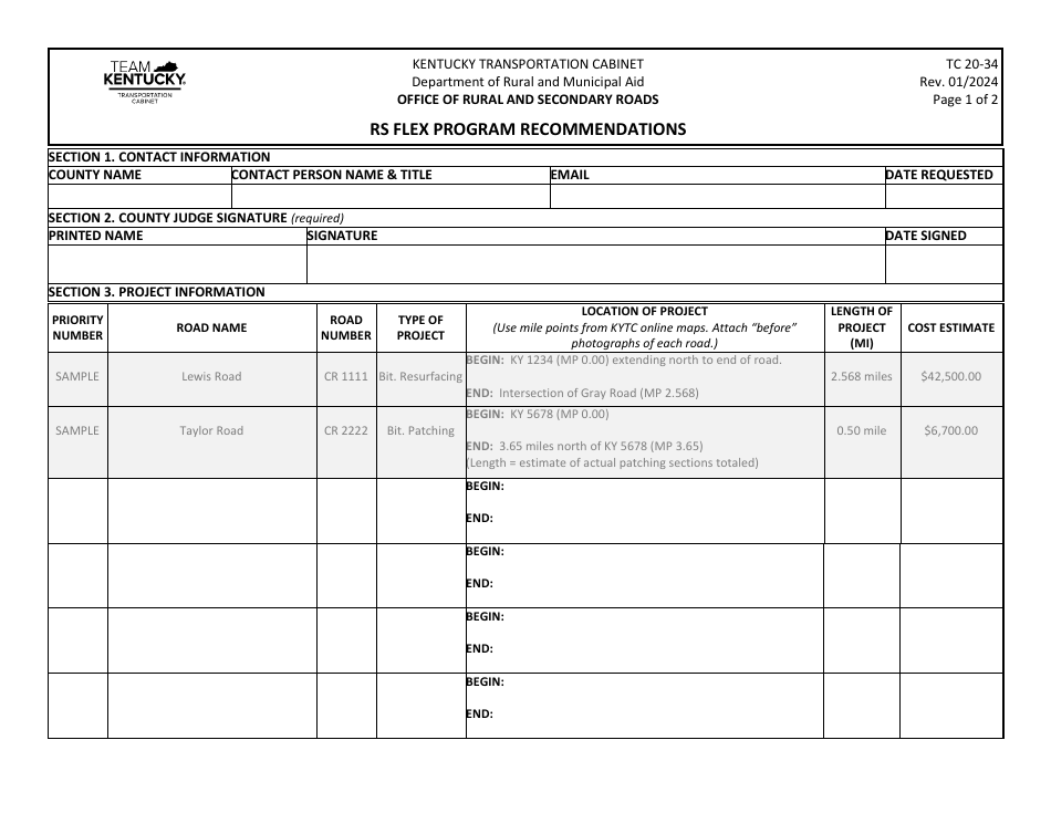 Form TC20-34 Rs Flex Program Recommendations - Kentucky, Page 1