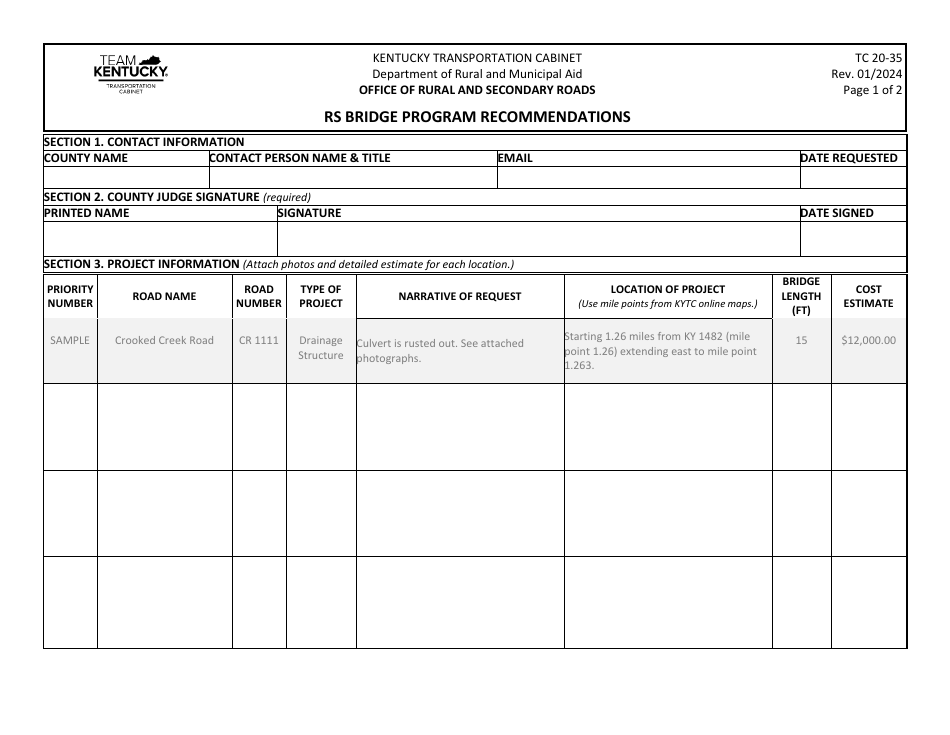 Form TC20-35 Rs Bridge Program Recommendations - Kentucky, Page 1
