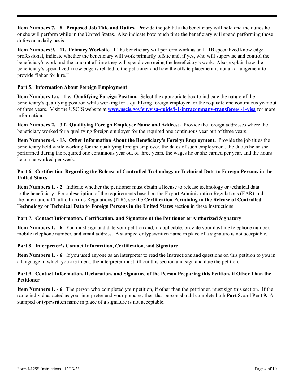 Download Instructions for USCIS Form I129S Nonimmigrant Petition Based on Blanket L Petition