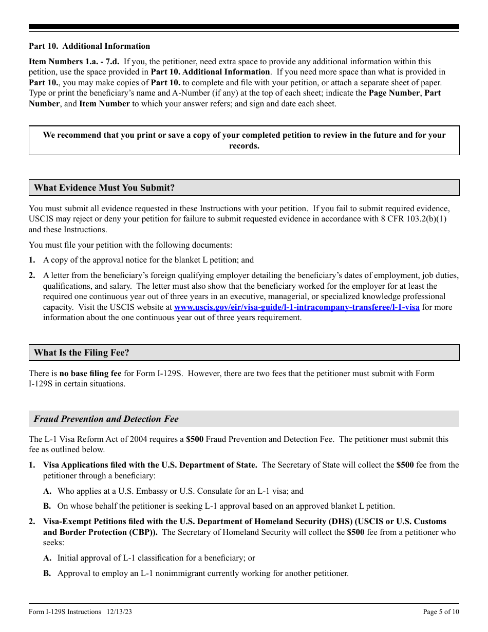 Instructions for USCIS Form I-129S Nonimmigrant Petition Based on Blanket L Petition, Page 5
