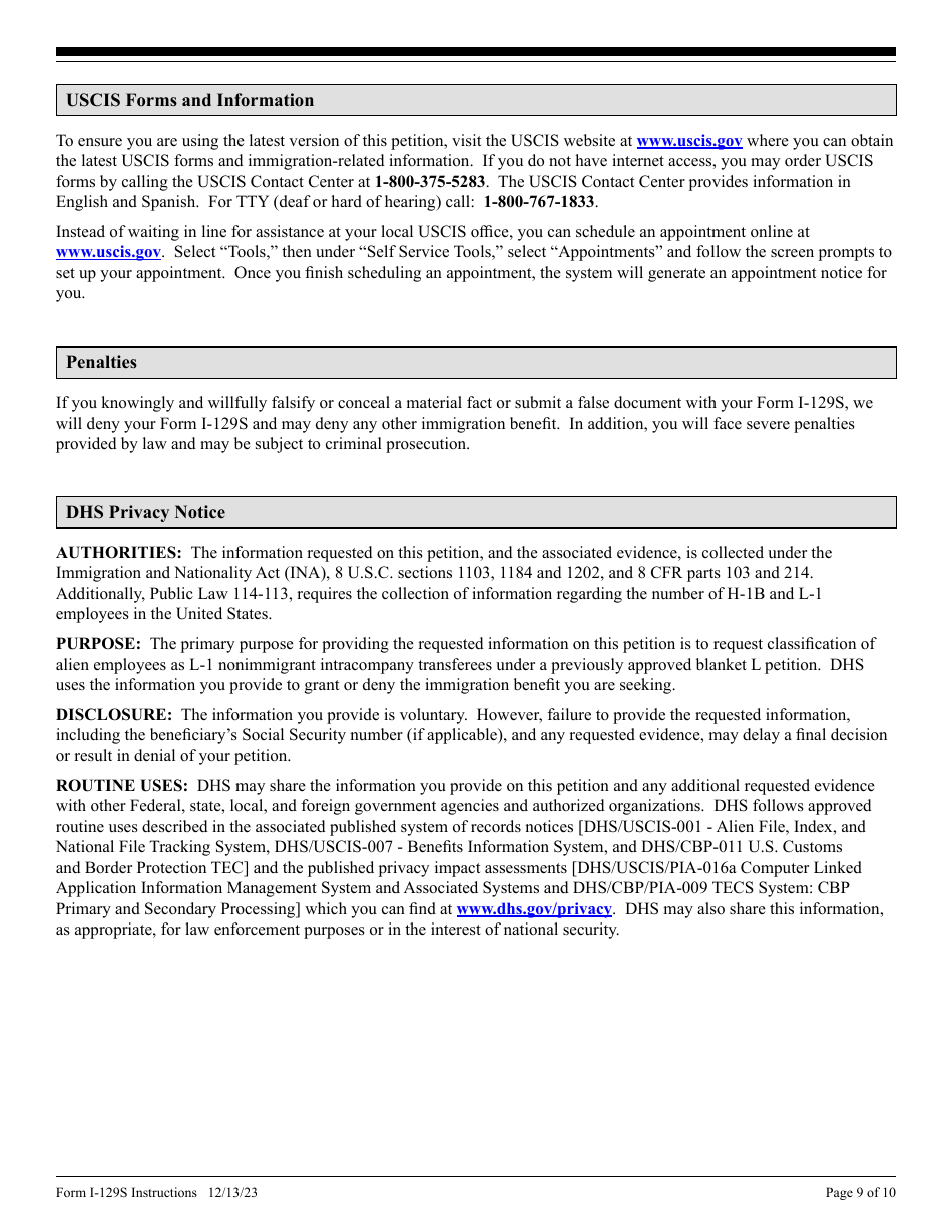 Instructions for USCIS Form I-129S Nonimmigrant Petition Based on Blanket L Petition, Page 9