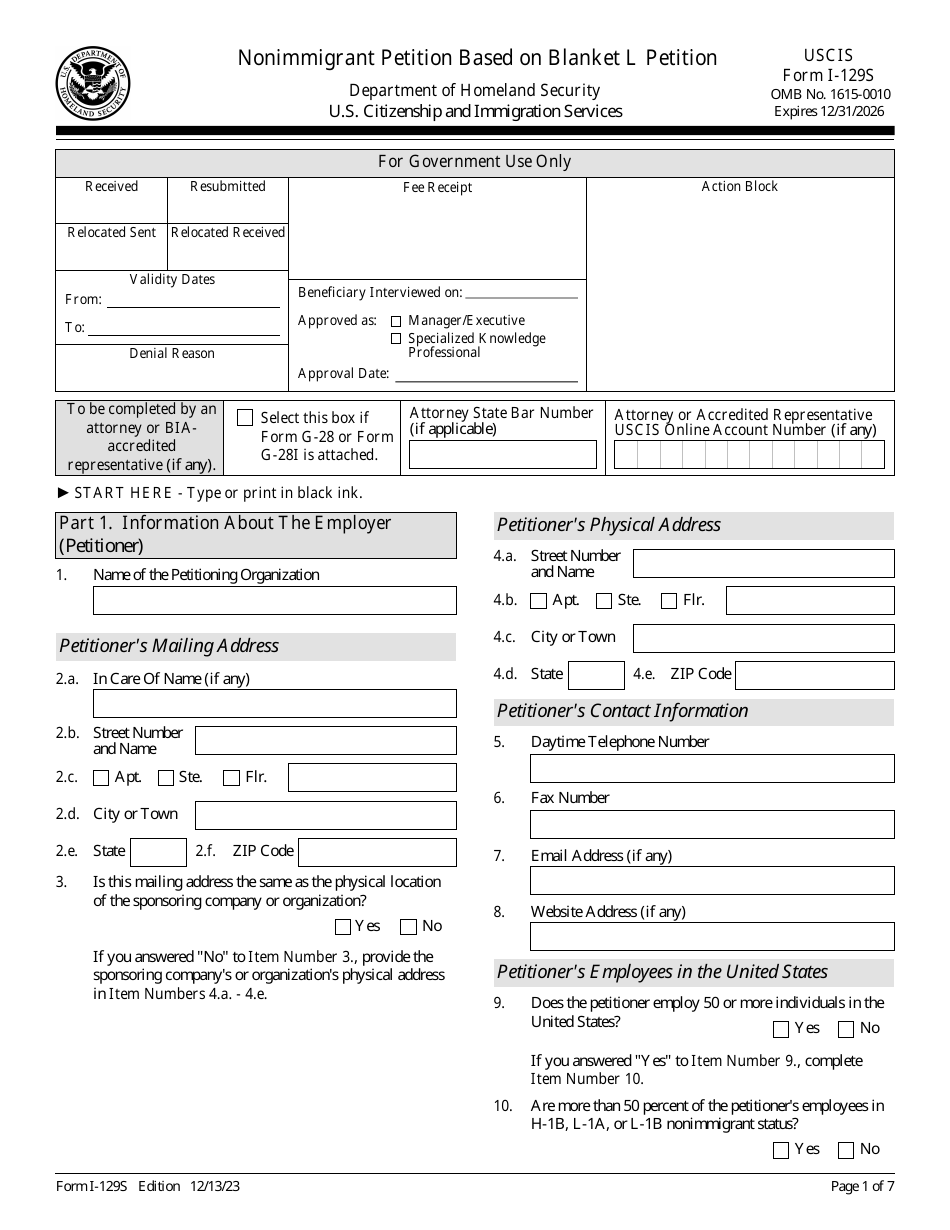 USCIS Form I129S Download Fillable PDF or Fill Online Nonimmigrant
