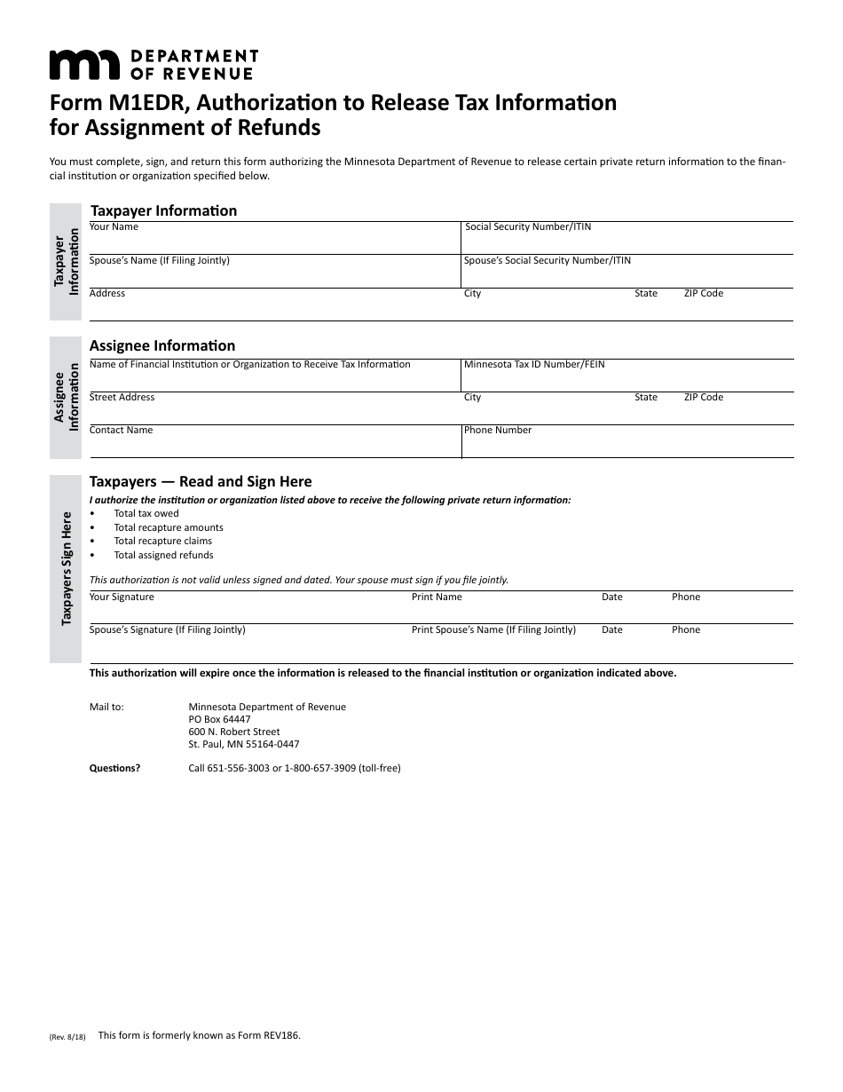 Form M1EDR Authorization to Release Tax Information for Assignment of Refunds - Minnesota, Page 1