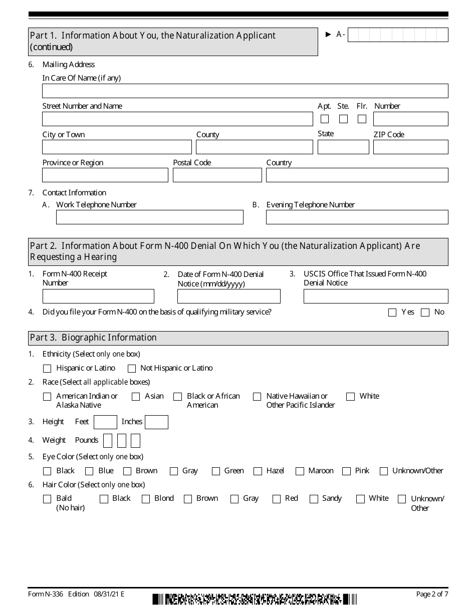 USCIS Form N-336 Request for a Hearing on a Decision in Naturalization Proceedings Under Section 336, Page 2