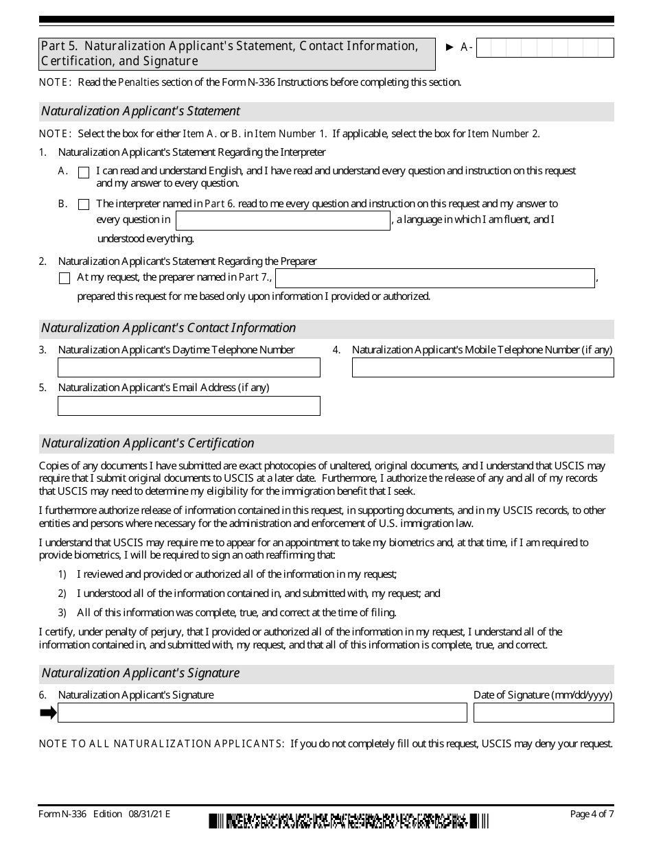 USCIS Form N-336 Request for a Hearing on a Decision in Naturalization Proceedings Under Section 336, Page 4