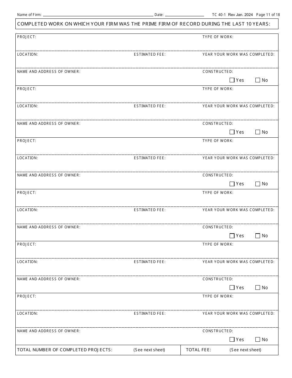 Form TC40-1 Consulting Engineer and Related Services Prequalification Application - Kentucky, Page 11