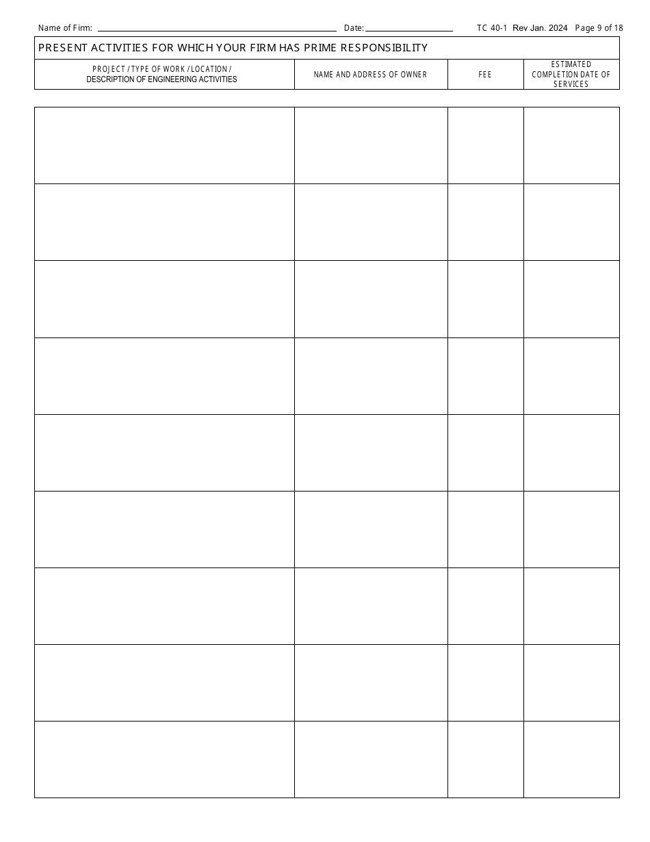 Form TC40-1 Consulting Engineer and Related Services Prequalification Application - Kentucky, Page 9