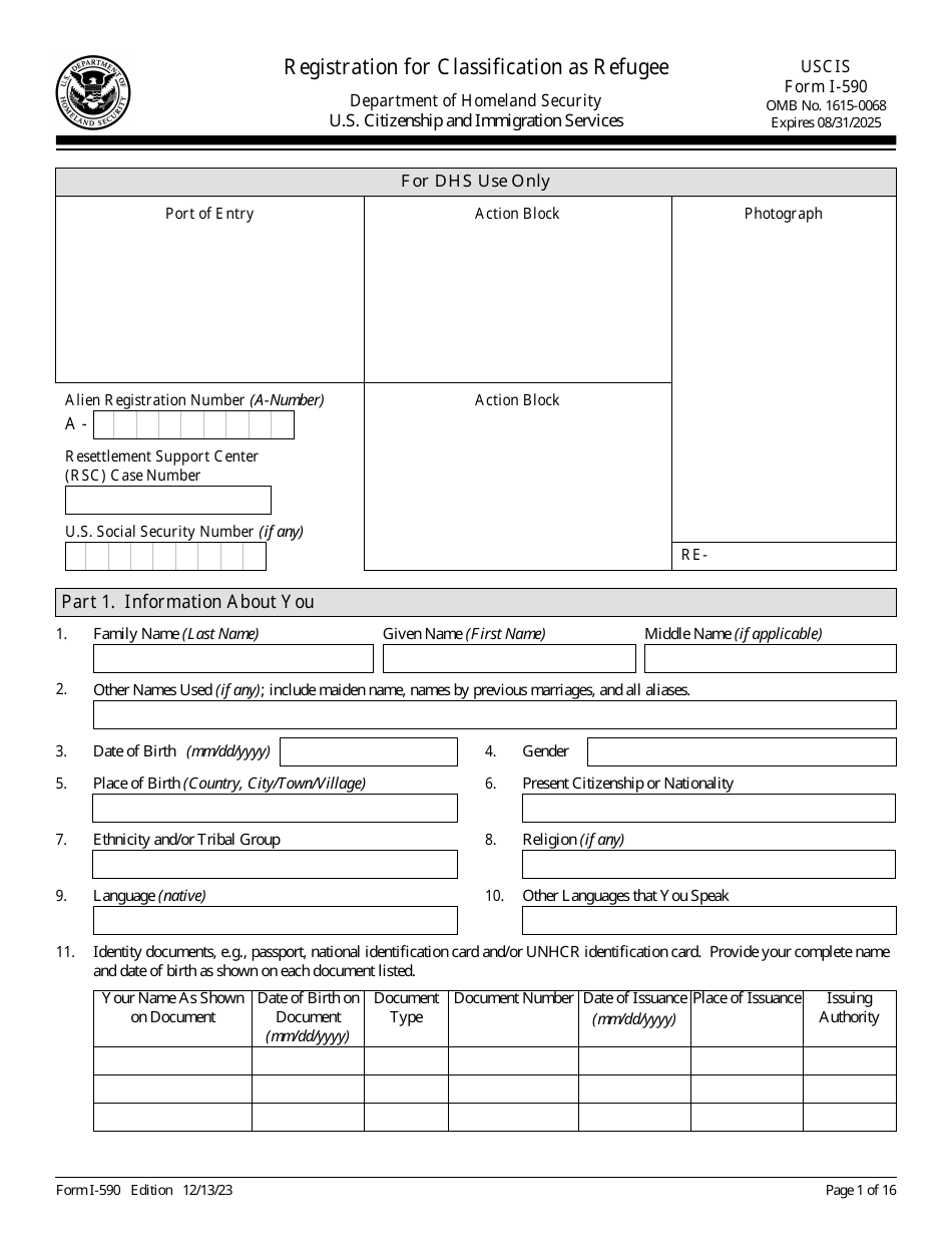 USCIS Form I-590 Registration for Classification as Refugee, Page 1