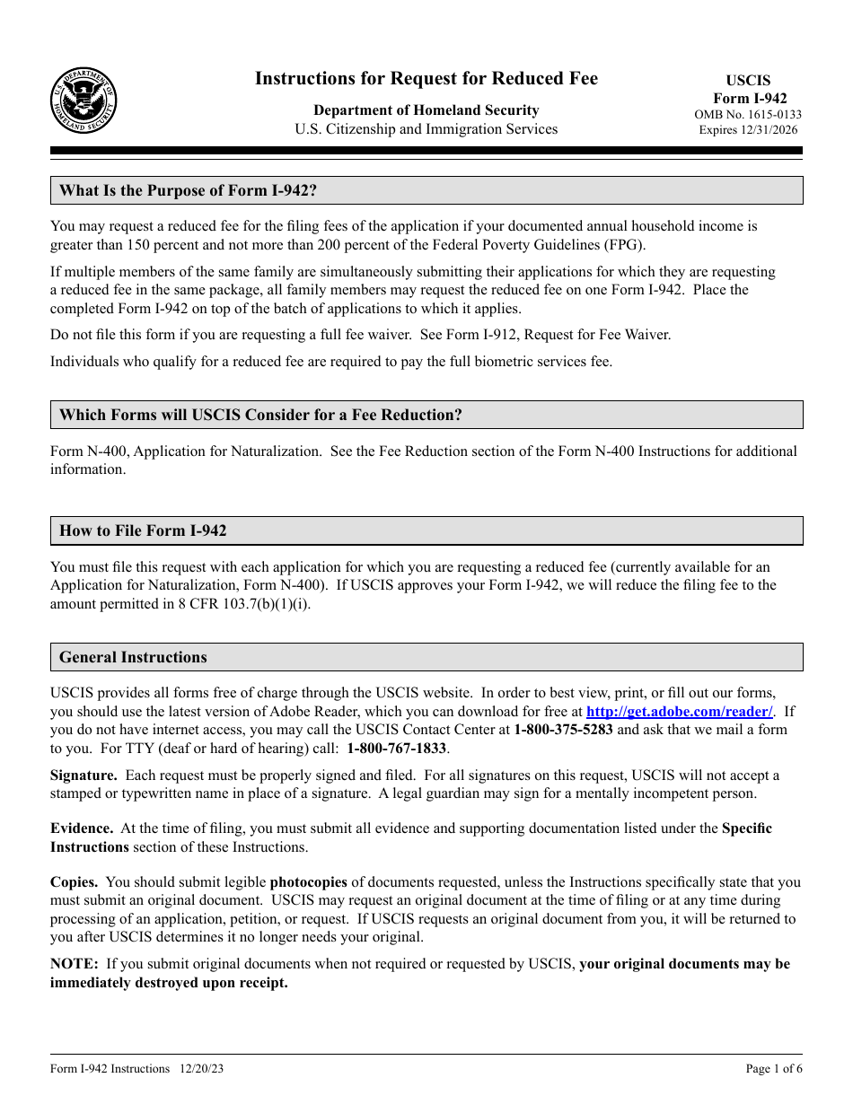 Instructions for USCIS Form I-942 Request for Reduced Fee, Page 1