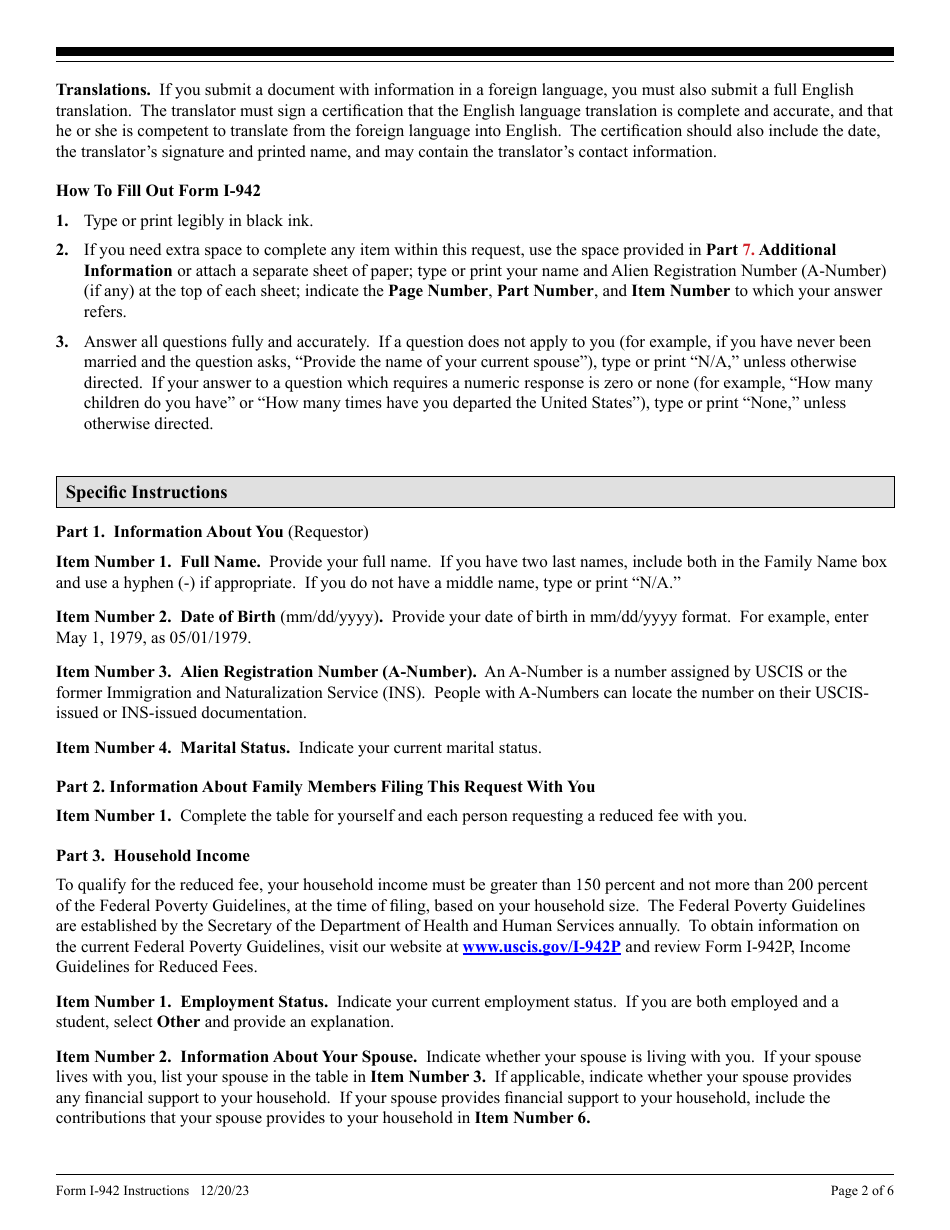 Download Instructions for USCIS Form I-942 Request for Reduced Fee PDF ...