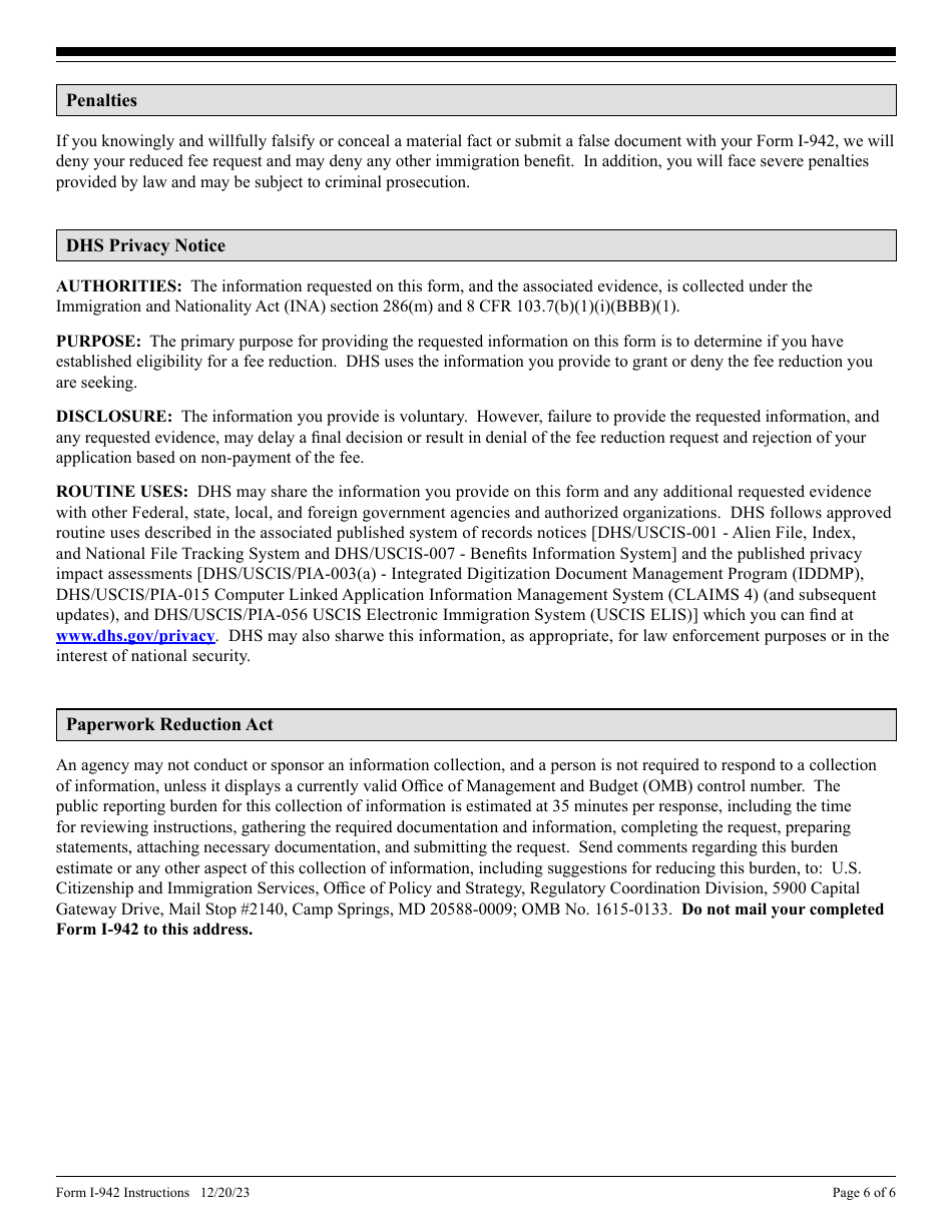 Instructions for USCIS Form I-942 Request for Reduced Fee, Page 6