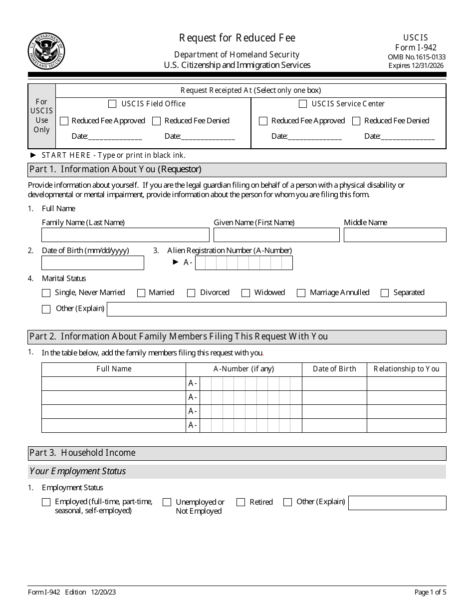 USCIS Form I-942 Request for Reduced Fee, Page 1
