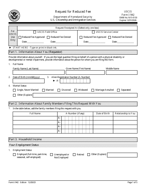 USCIS Form I-942 Request for Reduced Fee
