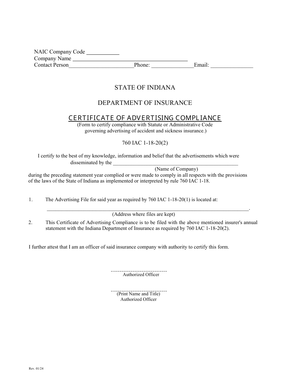 Indiana Certificate Of Advertising Compliance Download Fillable Pdf Templateroller 9587