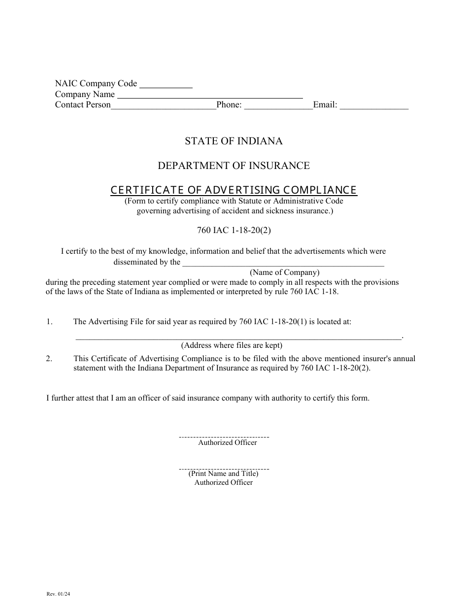 Certificate of Advertising Compliance - Indiana, Page 1