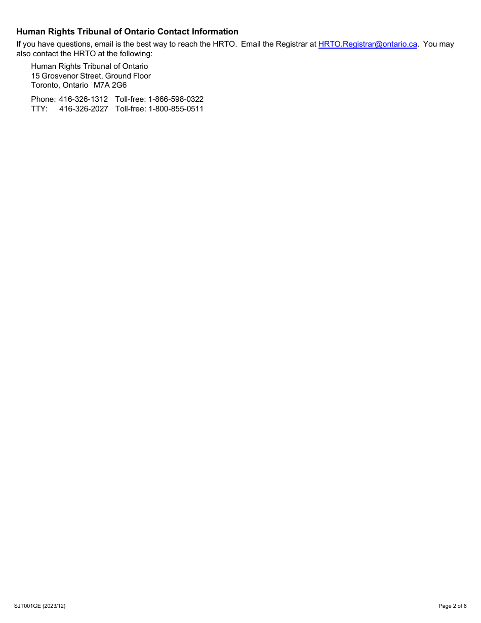 Form 1G (SJT001GE) Application on Behalf of Another Person(s) Under Section 34(5) of the Human Rights Code - Ontario, Canada, Page 2