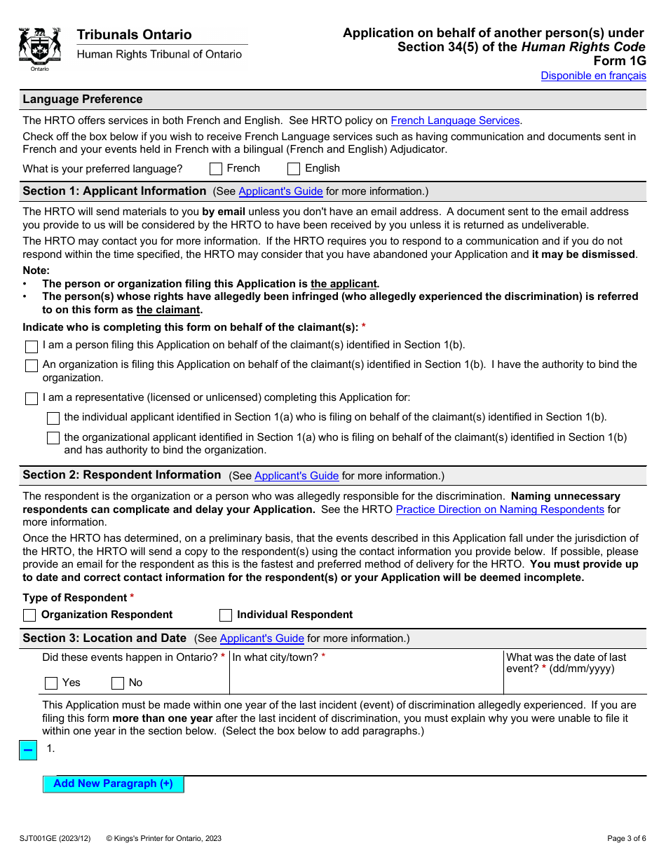 Form 1G (SJT001GE) Application on Behalf of Another Person(s) Under Section 34(5) of the Human Rights Code - Ontario, Canada, Page 3