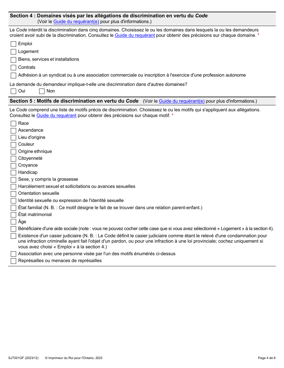 Forme 1G (SJT001GF) Requete Presentee Au Nom Dune Autre Personne En Vertu De Larticle 34(5) Du Code DES Droits De La Personne - Ontario, Canada (French), Page 4