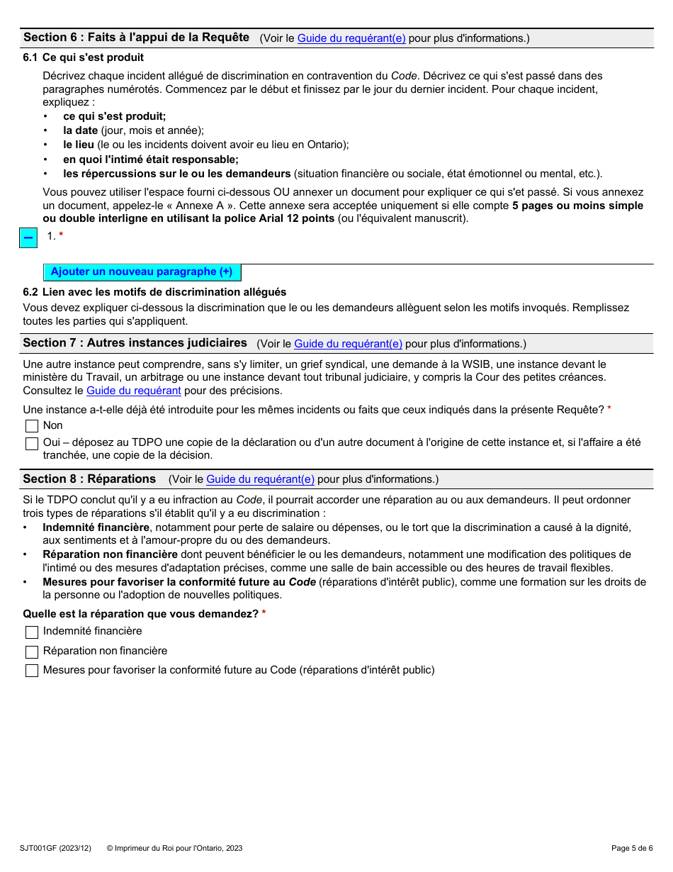 Forme 1G (SJT001GF) Requete Presentee Au Nom Dune Autre Personne En Vertu De Larticle 34(5) Du Code DES Droits De La Personne - Ontario, Canada (French), Page 5