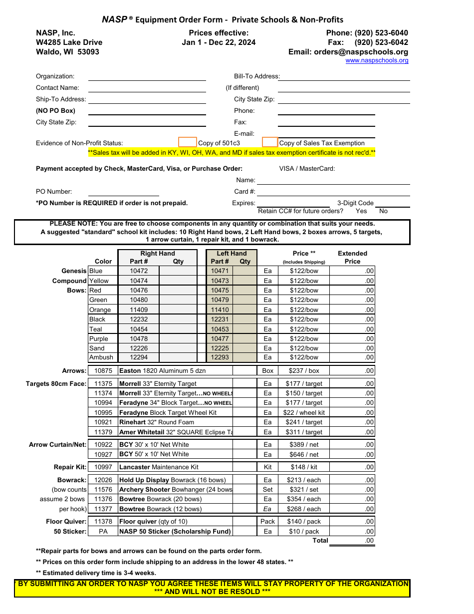 Nasp Equipment Order Form - Private Schools  Non-profits - Pennsylvania, Page 1