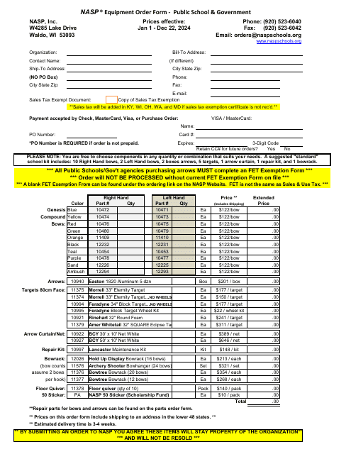 Nasp Equipment Order Form - Public School & Government - Pennsylvania, 2024