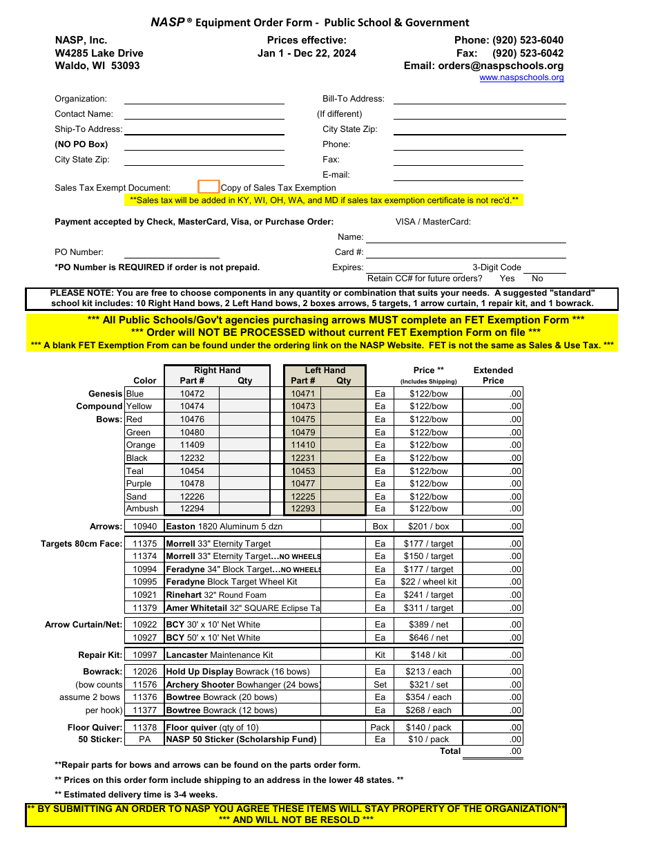 Nasp Equipment Order Form - Public School  Government - Pennsylvania, Page 1