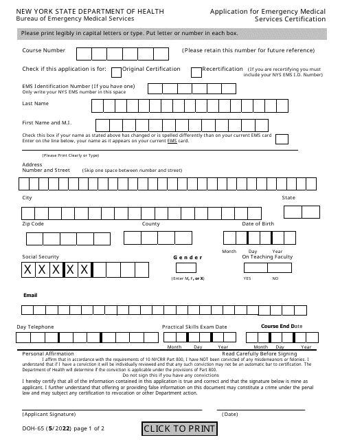 Form DOH-65 Application for Emergency Medical Services Certification - New York