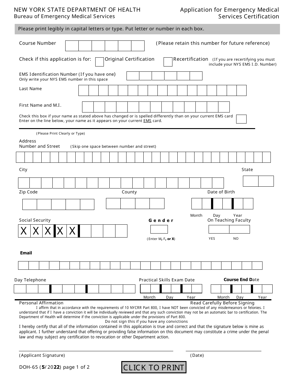 Form DOH-65 Application for Emergency Medical Services Certification - New York, Page 1