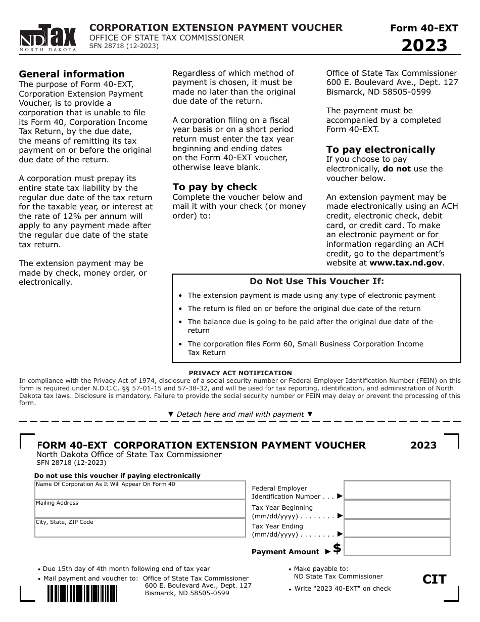 Form 40EXT (SFN28718) Download Fillable PDF or Fill Online Corporation