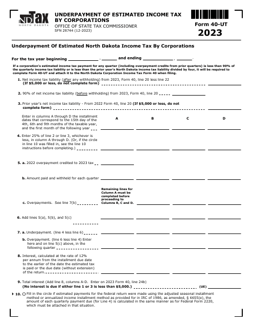 Form 40-UT (SFN28744) Underpayment of Estimated Income Tax by Corporations - North Dakota, 2023
