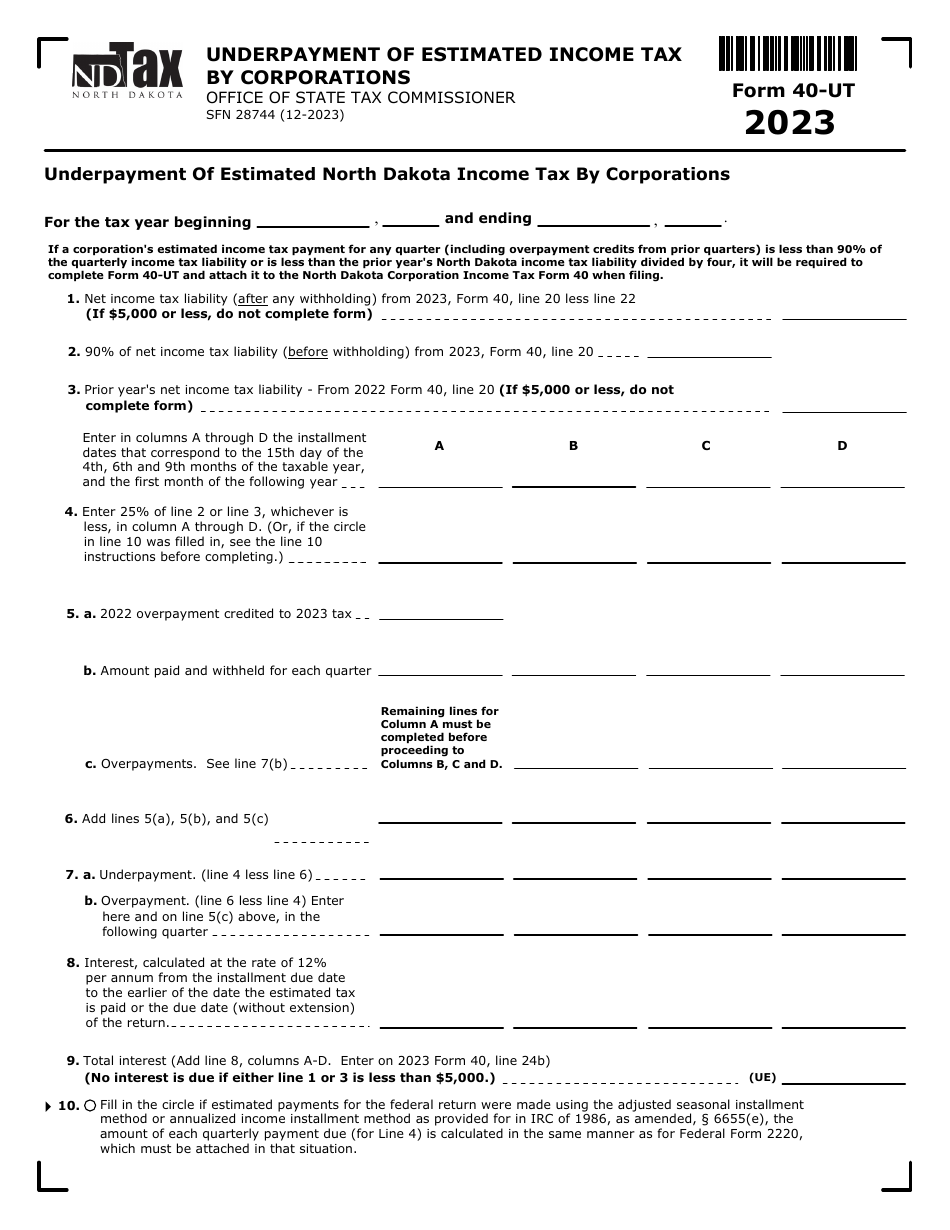 Form 40-UT (SFN28744) Underpayment of Estimated Income Tax by Corporations - North Dakota, Page 1