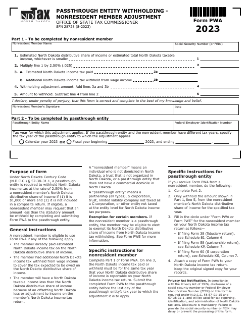 Form PWA (SFN28728) Passthrough Entity Withholding - Nonresident Member Adjustment - North Dakota, 2023