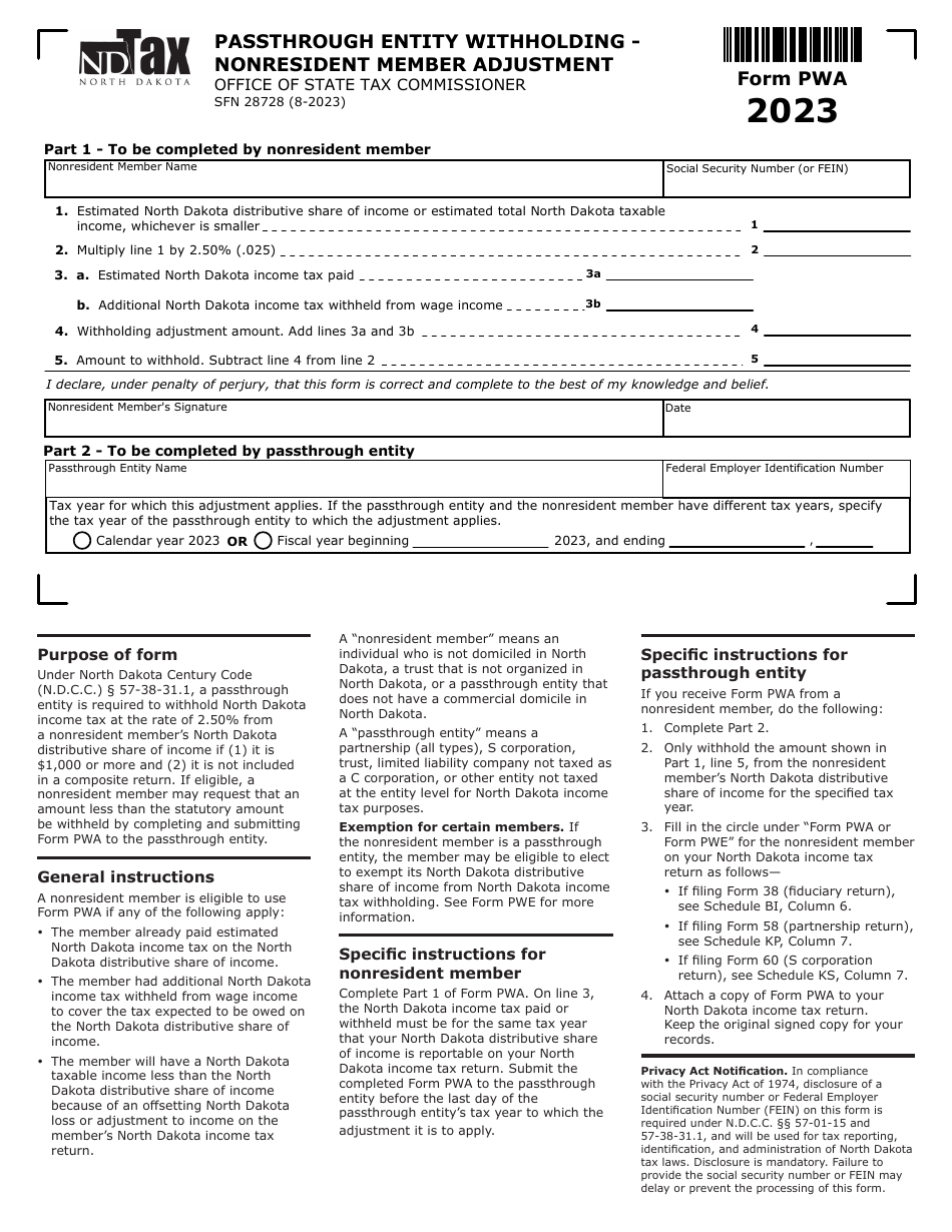 Form PWA (SFN28728) Passthrough Entity Withholding - Nonresident Member Adjustment - North Dakota, Page 1